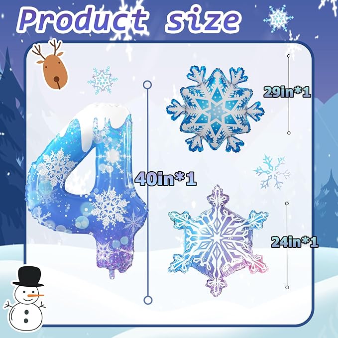 40 Inch Frozen Balloons number 4 Birthday Balloon,2 Giant snowflake foil balloons, 2 blue and silver star foil balloons Frozen Theme Party Supplies Winter Party Decoration For Girl's Birthday