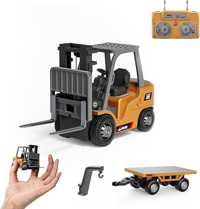 BRRRRT 1/64 Full Proportional RC Forklift Toy,8 Channel 2 Mode Mini Remote Control Forklift Truck with Flatbed Tow Truck,2 in 1 Transformable Lift Fork & Hook with Rechargeable Battery for 4+ Kids