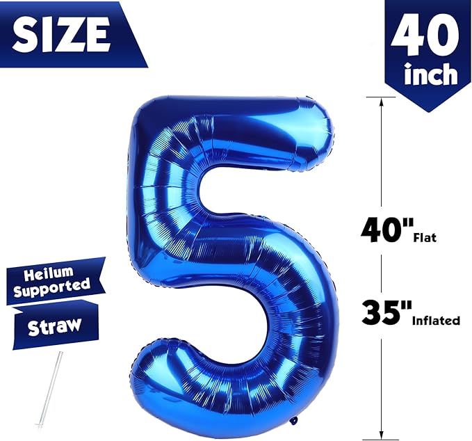 40 Inch Metallic Blue Number 5 Balloon, Giant 5 Number Balloons for 5th Birthday Decorations, Party Supplies for Baby Boy Girl, Metallic Blue Party Decor