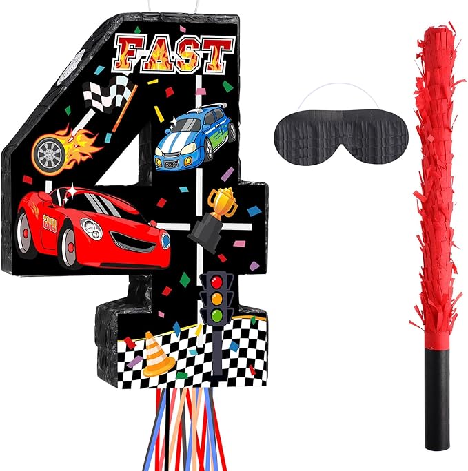 Race Car Piñata Pull String Cars Piñatas for Birthday Party Decorations Number 2 3 4 5 6 with Blindfold Stick Small Red Black Racing Theme 2nd 3rd 4th 5th 6th Party Supplies(Number 4)