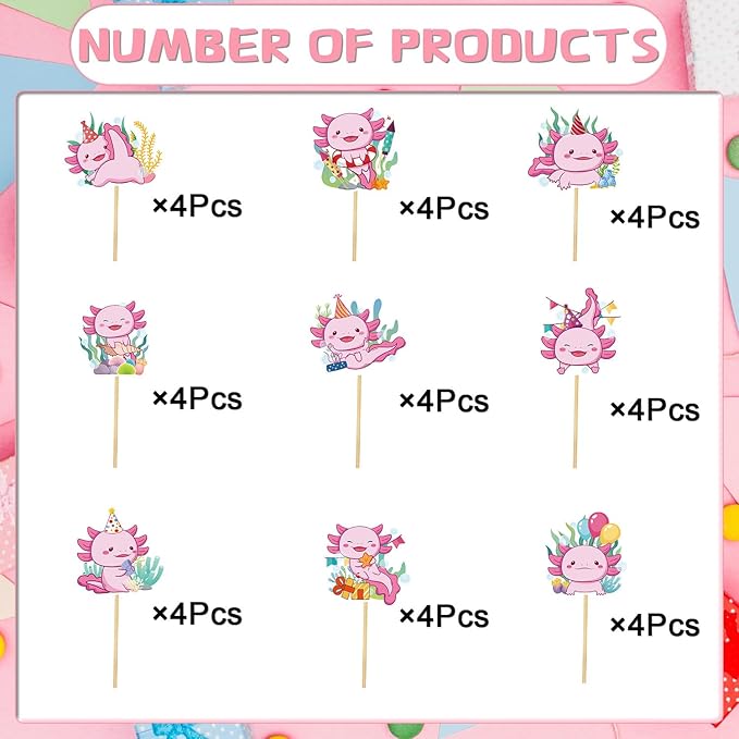 Axolotl Birthday Cupcake Toppers, 36PCS Cute Axolotl Birthday Decorations Supplies, Pink Salamander Baby Shower Cupcake Toppers Decor for Kids Girls