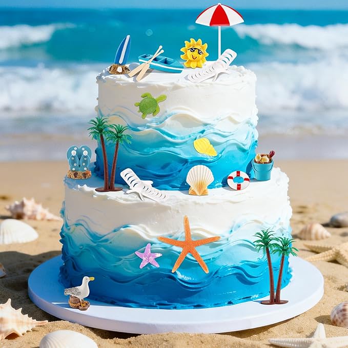 Hooqict 19Pcs Beach Cake Decorations Set with Mini Coconut Tree, Seashell, Sea Animals, Pool Beach Cake Toppers & Cupcake Toppers for Summer Tropical Hawaiian Luau Birthday Party Decorations Supplies