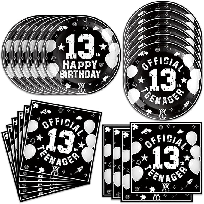 40Pcs 13th Birthday Decorations for Boys Black and Silver Plates and Napkin Set for Boys Teenager Party Decor 13th Birthday Party Decorations