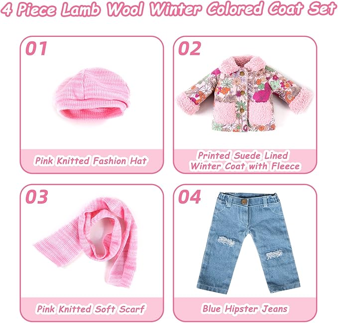 Doll Clothes 4 Piece Set Includes Pink Flower Snow Jacket, Knitted Wool Hat, Scarf and Hipster Jeans Fits for 18" American Girl Dolls (Doll and Shoes Not Included)