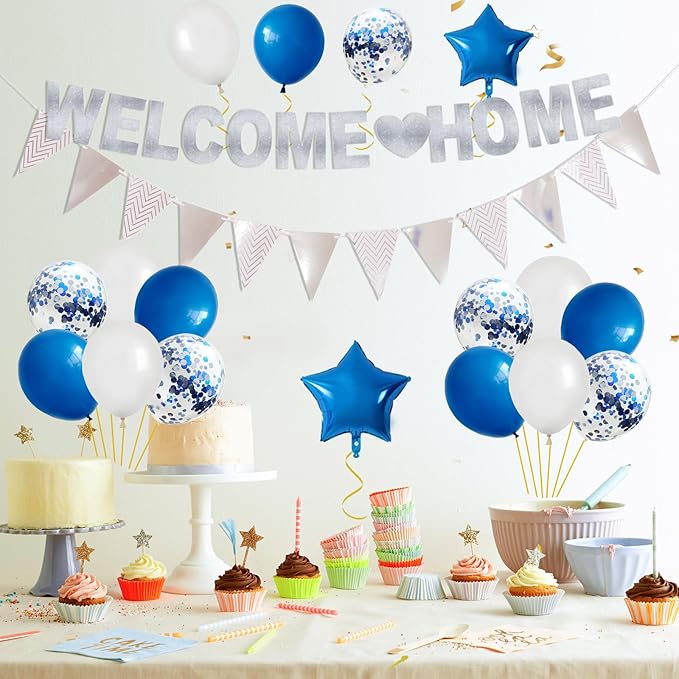 Welcome Home Decorations,Blue Silver Welcome Home Balloons Banners Set,Welcome Home Glitter Banner with Confetti Balloons,Pennant Flag Bunting for Home Family Baby Shower Party Supplies