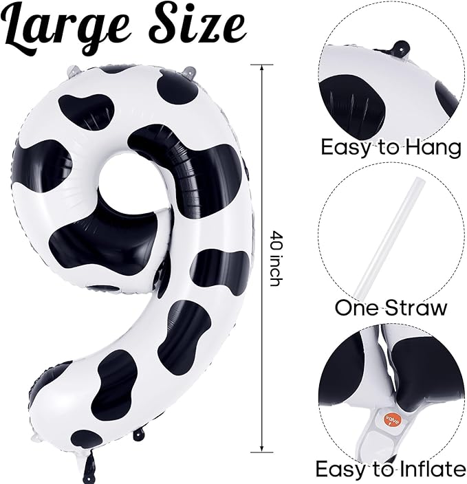 Cow Print Number 9 Balloon, Large 40 Inch Cow Number Birthday Balloons, Foil Mylar Number 9 Balloons for 9 Year Old Birthday Party Decorations Supplies Animal Farm Cowboy Cowgirl Themed Party