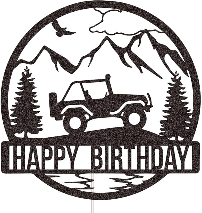 Off-road Vehicle Happy Birthday Cake Topper for Boys Men' Birthday Party Supplies, SUV Jeep Drivers Adventure Themed Cake Topper, Black Glitter