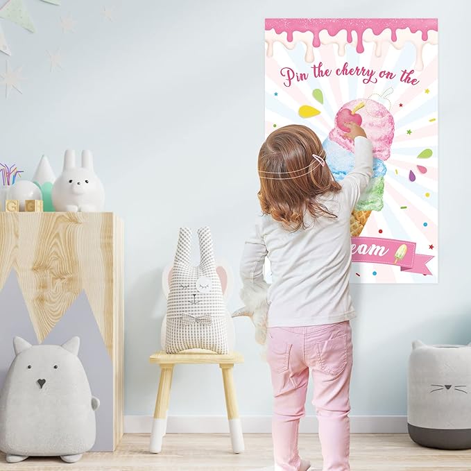 Hooqict Pin The Cherry On The Ice Cream Game Birthday Party Games for Kids Ice Cream Theme Party Decorations Supplies for Girls, Large Ice Cream Poster with 36 Cherry Stickers Wall Decor