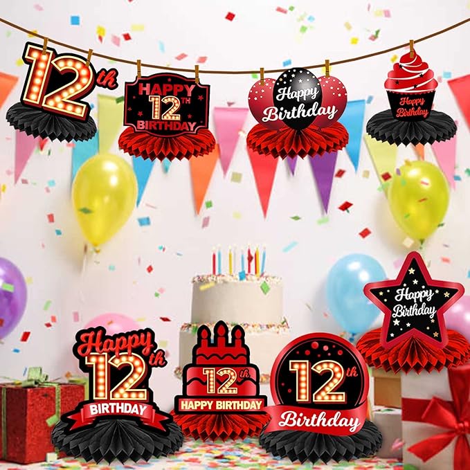 Happy 12th Birthday Red and Black Table Honeycomb Centerpieces Balloons Theme Decor Table Decorations Table Toppers for Girls Women Princess 12 Years Old Birthday Party Bday Supplies Background Gold