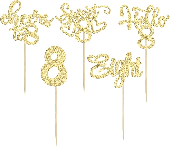 30Pcs 8th Birthday Cupcake Toppers Glitter Eight Hello 8 Cupcake Picks Cheers to 8 Years Old Cake Decorations for 8th Birthday Party Supplies Gold