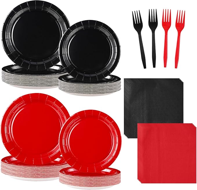 96 Pcs Red and Black Party Supplies Stranger Black and Red Paper Plates and Napkins Disposable Graduation Tableware Set for Congrats Grad Holiday Red Black Wedding Birthday Party Decorations Serves 24