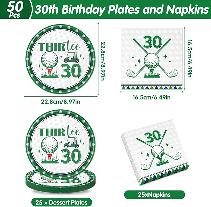Rakuto Golf 30th Birthday Decorations - 50 Pcs Golf Thirtee Themed Party Plates and Napkins Set Decorations, Disposable Tableware Supplies for Men Women Sports Birthday Party Serves 25 Guests