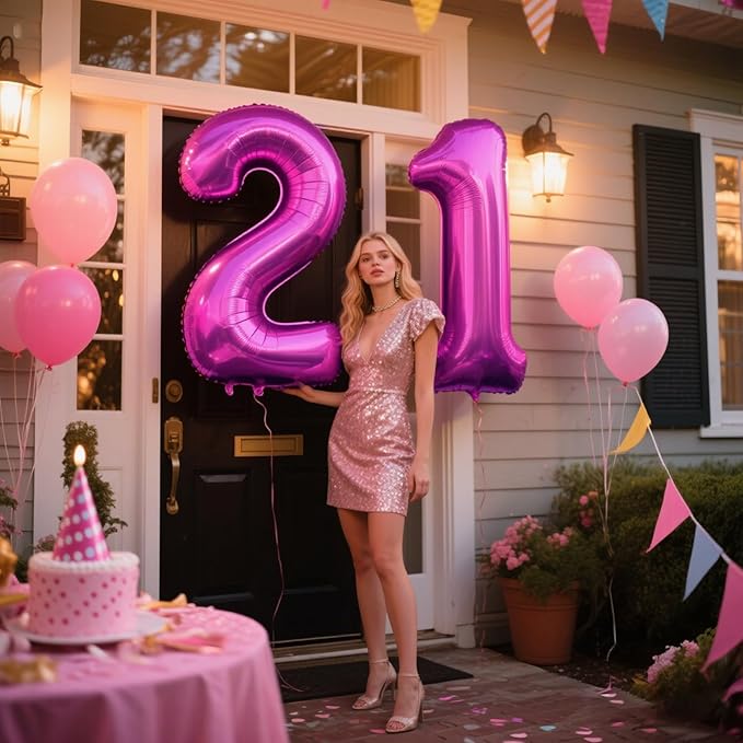 40 Inch Large 21 Balloon Numbers Rose Purple Big Foil Number Balloons Giant Helium Happy Birthday Party Decorations for Man and Women, Huge Mylar Anniversary Party Supplies