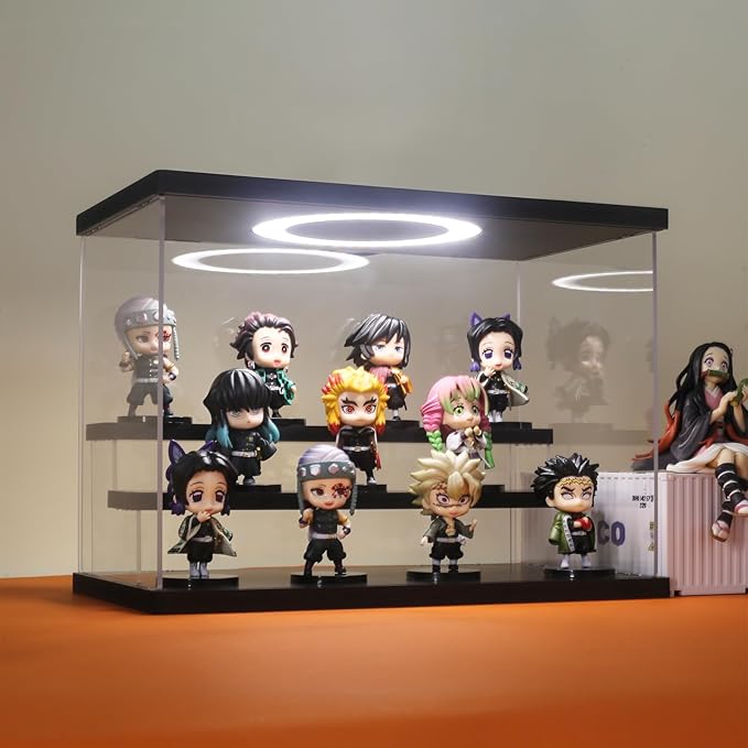 Acrylic Display Case with Adjustable LED Light, 3 Tier Clear Display Box Dustproof Showcase for Action Figures, Collectibles and Mini Toys, Assembly Display Cabinet(Black 12.5×6.7×9in)