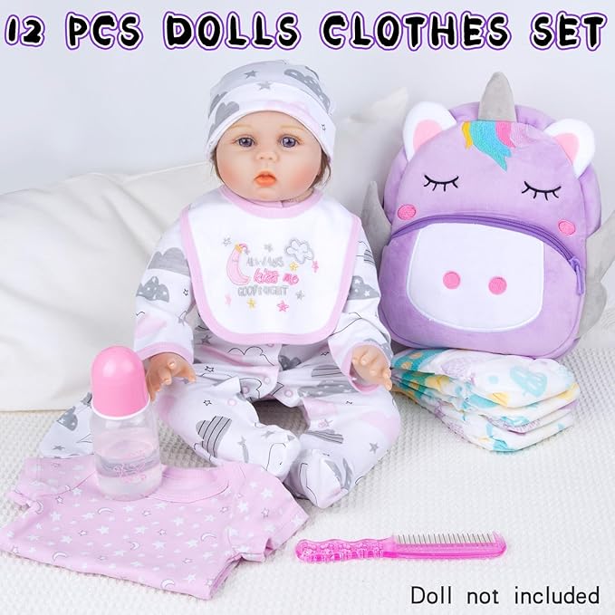 12 Pcs Reborn Baby Doll Clothes for 18-22 Inch Reborn Dolls Clothes Accessories Purple Big Backpack+Diapers +Bottle