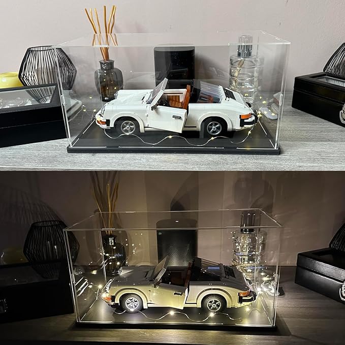 Thickened Clear Acrylic Display Case for Lego 10295 10337 10330 10353 76450 42176 43268 42170 42160 10300 Collectibles 1/18 Rc Car, Transparent Box Dustproof with Light, Black Inside 15.7x7.9x7.9in