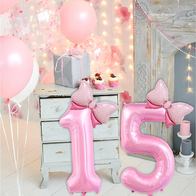 40 inch Number 15 Balloon with Bow Pink Happy Birthday Jumbo Number Balloons for Girls Daughter Birthday Decorations Party Supplies (Pink Number 15)