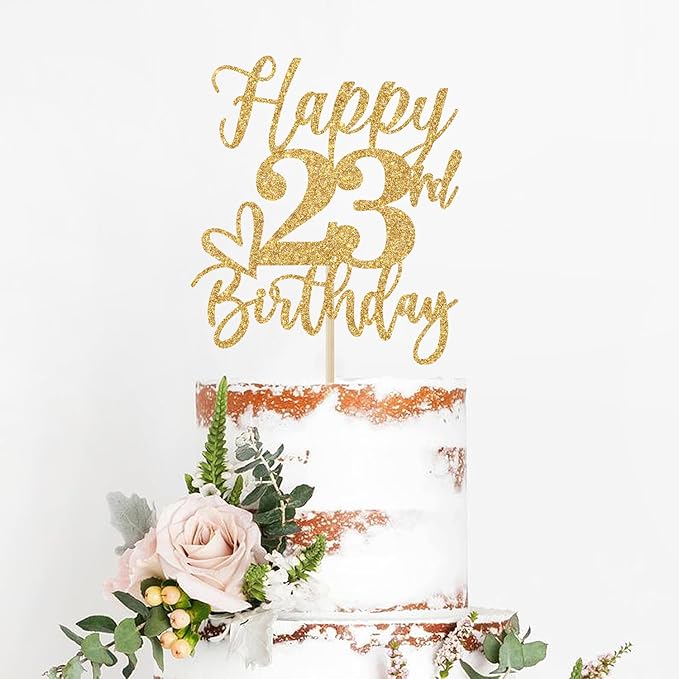 Gold Glitter Happy Birthday Cake Topper, Funny 23rd Birthday Party Supplies