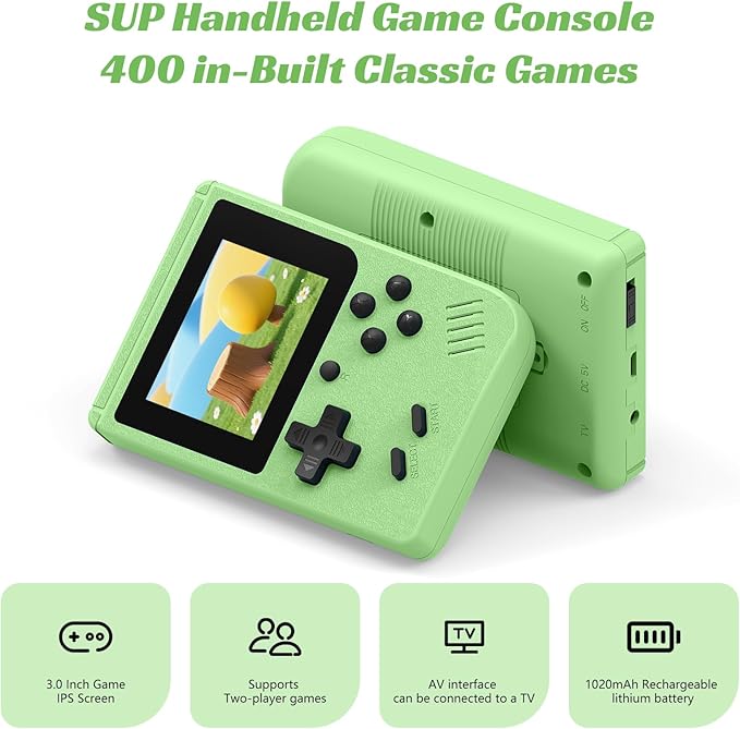 Retro Handheld Games Console, Built-in 400 Video Games,Portable Video Gaming Player with 3.0 Inch IPS Screen and Rechargeable Battery (Green)