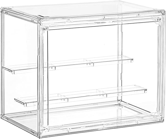 Acrylic Display Case, Clear Display Case Adjustable Display Box Stand with 2 Movable Dividers, Small Showcase Magnetic Door for Collections