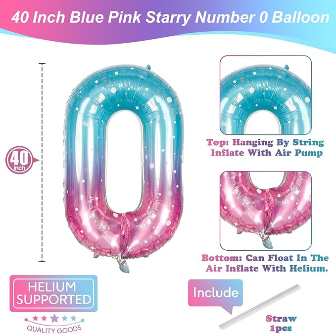 Mermaid Number 0 Balloons 40 Inch, Large Purple Teal Rainbow Number Balloons 0-9 Set, Starry 0 Mylar Foil Balloon Numbers for Girls Women Baby Shower Birthday Graduation Anniversary Party Decorations