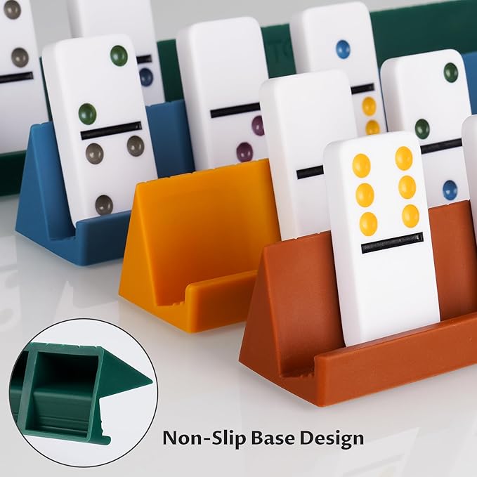 Silicone Domino Racks Set of 8, 10"x1.18"x1.18" Dominoes Holders/Trays 3 Tilt Options for Mexican Train Chickenfoot & Other Domino Games, Double 6 Accessories, 4 Colors (Dominoes NOT Included)