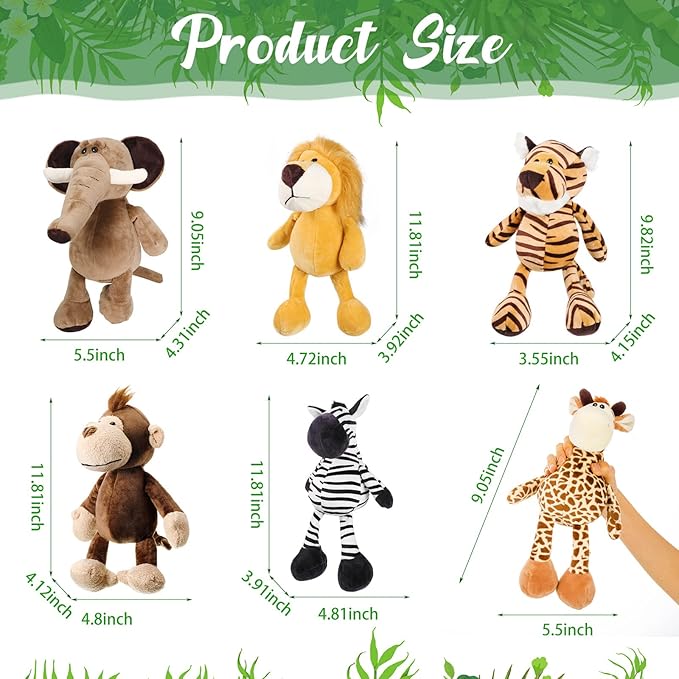Zhanmai 6 Pieces Safari Stuffed Animals Plush Jungle Animal Toys Set for Boys Girls, Lion Elephant Zebra Giraffe Tiger Monkey for Animal Themed Parties Student Award