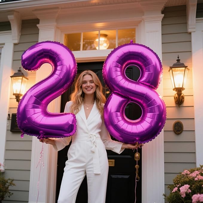 40 Inch Large 28 Balloon Numbers Rose Purple Big Foil Number Balloons Giant Helium Happy Birthday Party Decorations for Man and Women, Huge Mylar Anniversary Party Supplies