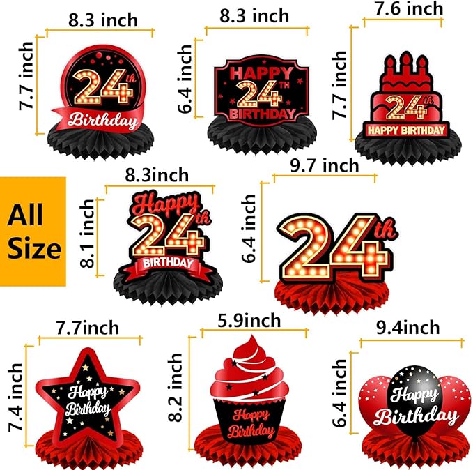 Happy 24th Birthday Red and Black Table Honeycomb Centerpieces Balloons Theme Decor Table Decorations Table Toppers for Girls Women Princess 24 Years Old Birthday Party Bday Supplies Background Gold