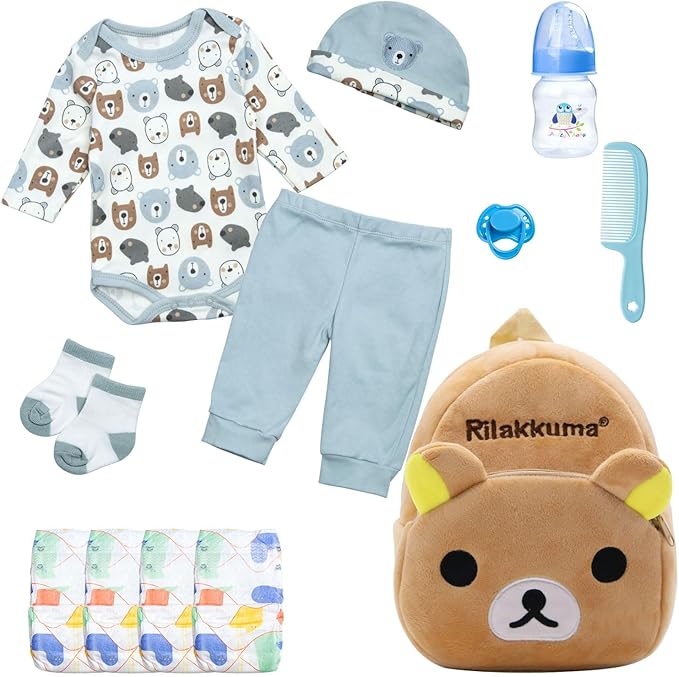 12 Pcs Reborn Baby Doll Clothes Set for 17-22 Inch Babydolls, Eazy Bear Reborn Baby Doll Clothes and Accessories with Plush-Finish Backpack, Beer hat, and Clothes for Realistic Babydolls