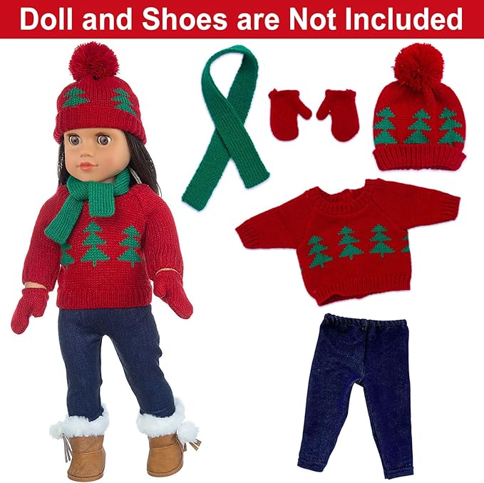 Ecore Fun 2 Sets American 18 Inch Doll Clothes Winter Christmas Outfit and Accessories Including Sweaters Trousers Hats and Scarfs