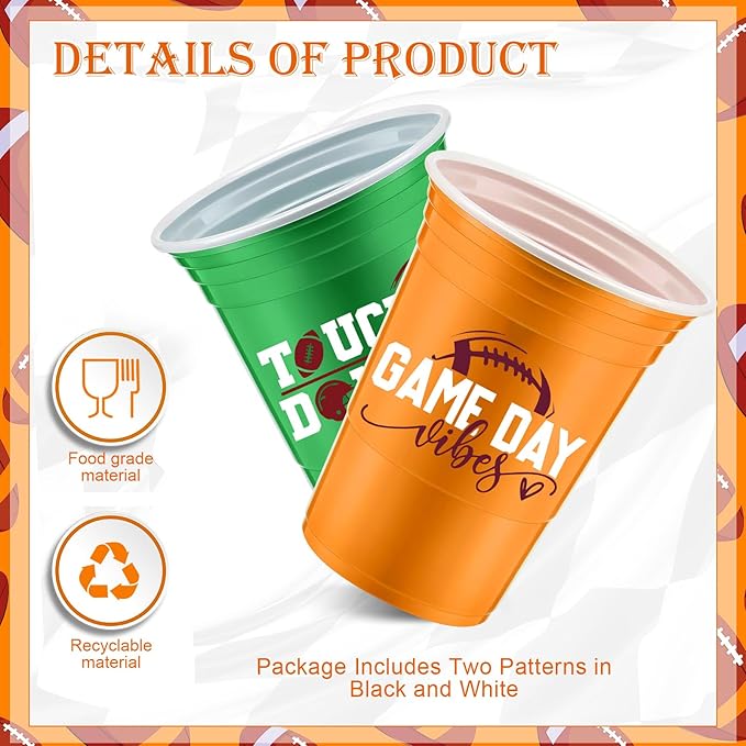 Norme 48 Pcs Football Party Supplies - 16 oz Thick Plastic Disposable Cups for Hot Cold Drinks, Wine, Coffee - Holiday Themed Party Favors
