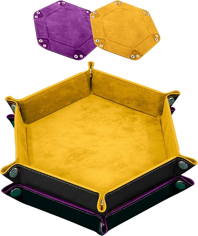 SIQUK 2 Pieces Dice Tray PU Leather Dice Folding Hexagon Tray Dice Holder for Dice Games Like RPG, DND and Other Table Games (Yellow, Violet)