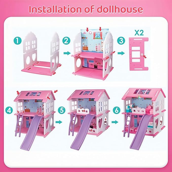 Doll House,with Living Room Bedroom Bathroom Kitchen Furniture Playset, Double-Sided Dollhouse with 1 Dolls,3 Sets Doll Clothes, Lights, Furniture and Accessories
