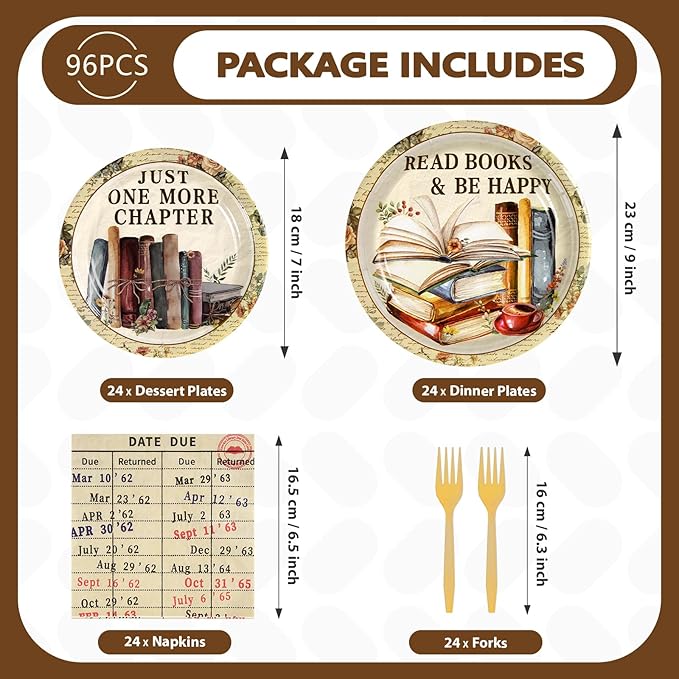 Grencian 96Pcs Book Theme Party Decorations Vintage Book Plates and Napkins Disposable Books Club Paper Tableware Set for Books Club Library Reading Theme Birthday Party Supplies, Serves 24