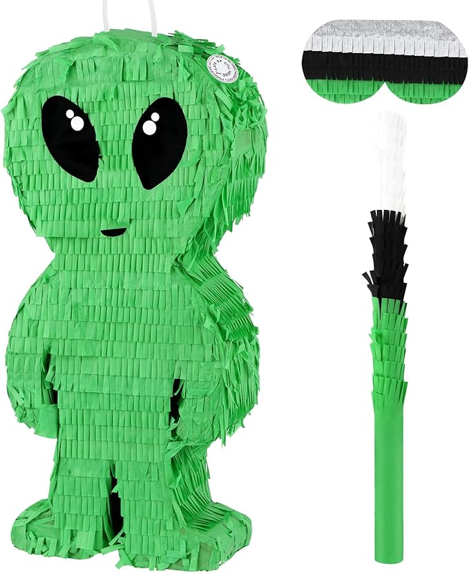 Alien Pinata with Stick and Blindfold Green Space Alien Birthday Party Decorations for Kids Boys Outer Space Theme Party Supplies