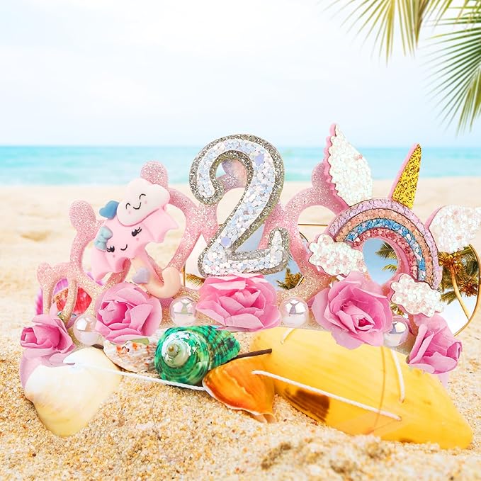SuPoo 2nd Birthday Headband - Flower Crown for Girls Princess Tiara - Cute 2 Year Old Birthday Party Decorations Accessory