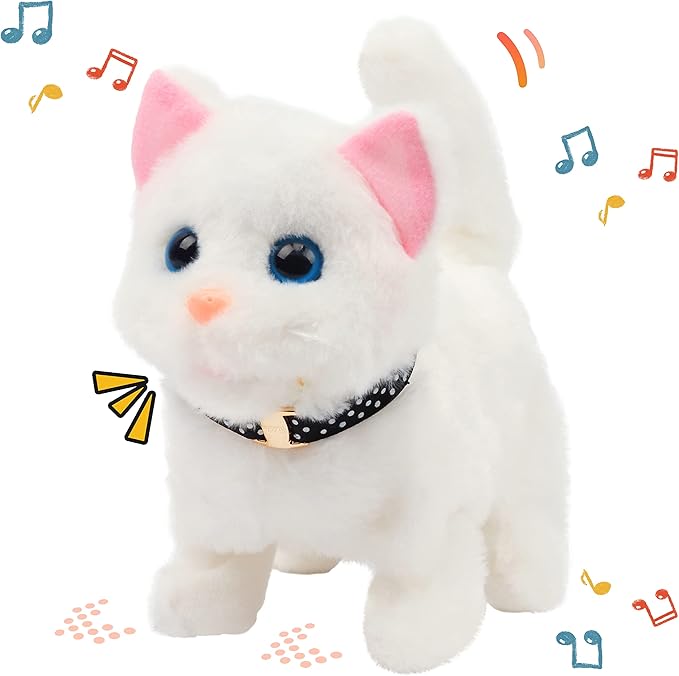 Easfan Walking Kitty Plush Toy Electric Interactive Cat Stuffed Animal Meowing Tail Wagging Head Nodding Cat Pet Toy Animated Kitten Birthday for Kids Toddlers,7.5’’ (White)