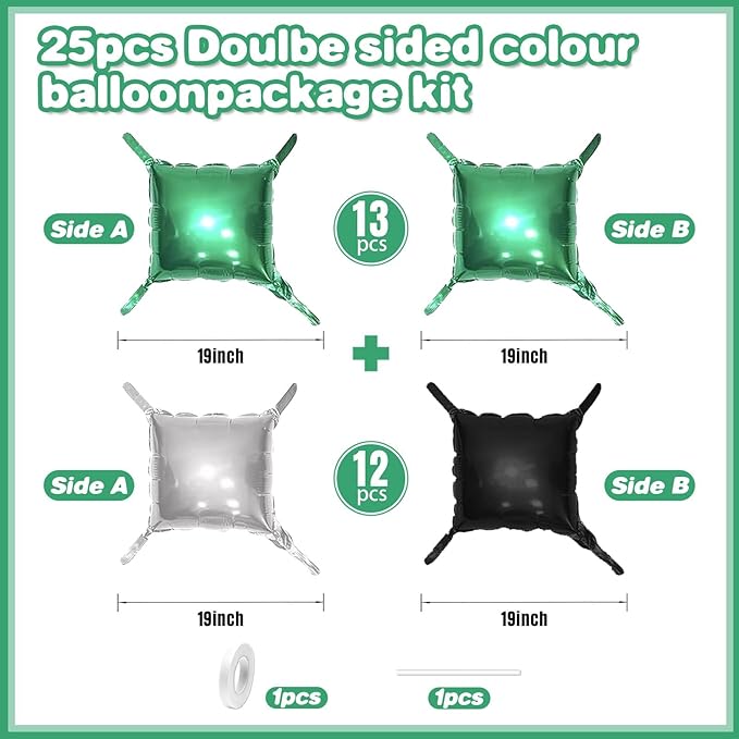 Metallic Green Silver and Black Soccer Square Foil Balloons Wall,19 Inches Foil Balloons Tunnel Arch Garland Kit for Boy Sports Soccer Theme Birthday Party Decorations
