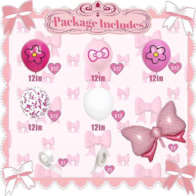Pink Balloon 64Pcs 12 Inch，Cute Bow Flower Print Balloons for Cartoon Themed Birthday Party Decorations Boys Girls Gatherings Party Supplies