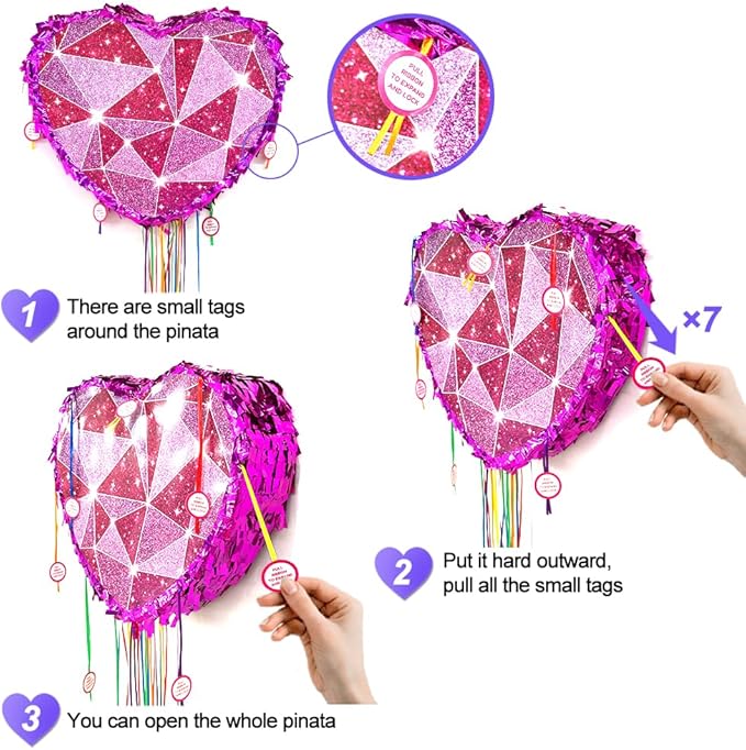 Pull String Purple Heart Pinata for Girls | Birthday Valentine’s Day Wedding Party Decoration, Anniversary Party Supplies, 16 Inch