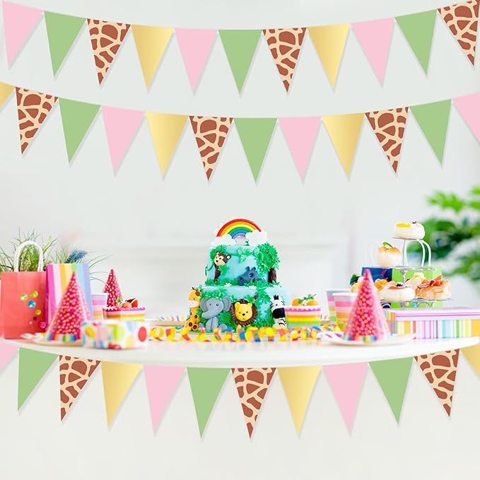 Tiamon 5 Pcs Wild One Birthday Banner Decorations Giraffe Animals Pink Jungle Safari Pennant Bunting Printed Triangle Flag for Jungle Wild Baby Shower Zoo Giraffe Birthday Party Decor Supplies