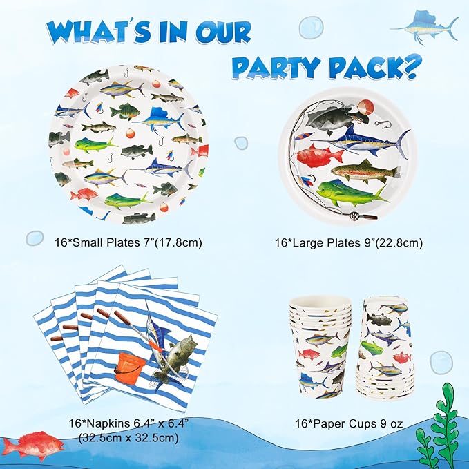 WERNNSAI 64PCS Fish Party Decorations - Gone Fishing Party Decorations Fishing Plates Napkins Cups Set for Boys Litter Fisherman Birthday Baby Shower Decorations