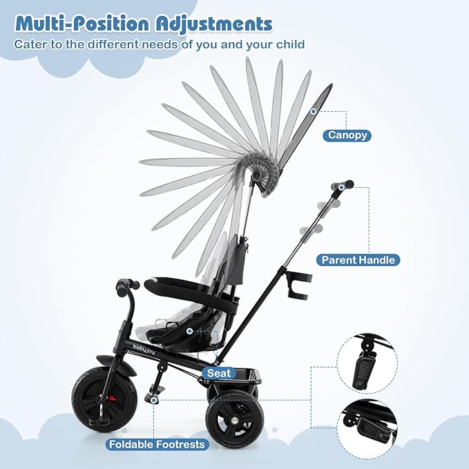 BABY JOY Toddler Tricycle, 7 in 1 Push Trike w/Adjustable Canopy, Parent Push Handle, Seat & Footrests, 5-Point Safety Harness and All-Terrain EVA Wheels, Kids Stroller Bike for 9-60 Months (Gray)