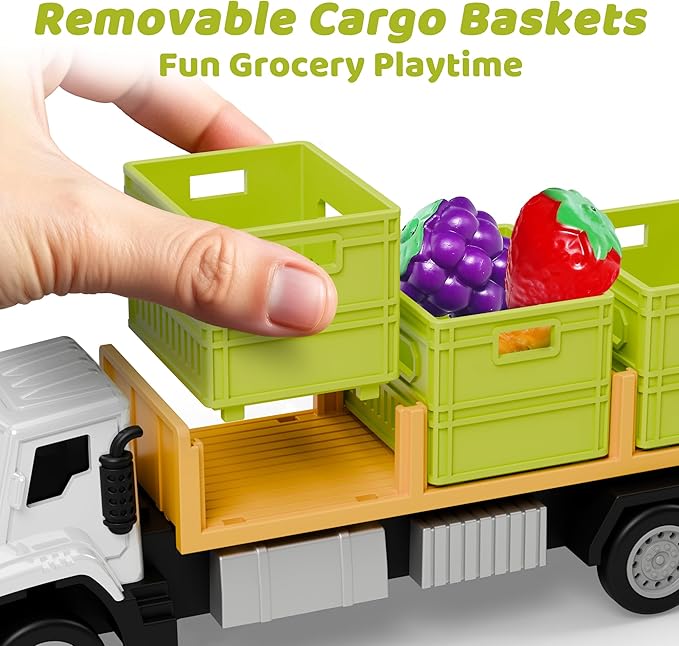 iPlay, iLearn Kids Friction Food Transport Truck Toys, Toddler Push Go Car Vehicle W/Storage Boxes & Foods, Alloy Head Cargo Carrier Play Trucks, Birthday Stocking Gift for 3 4 5 Year Old Boy Girl