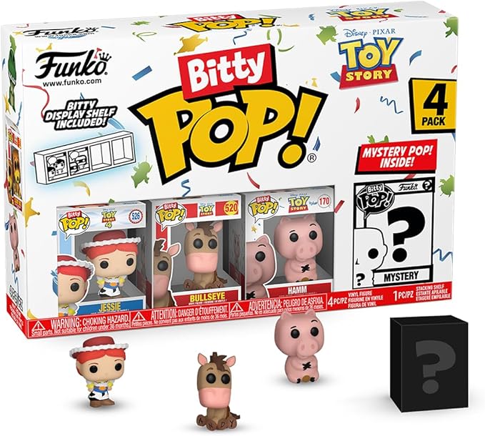 Funko Bitty Pop Toy Story - Jessie 4PK - Jessie, Bullseye, Hamm and A Surprise Mystery Mini Figure - 0.9 Inch (2.2 Cm) Collectable - Stackable Display Shelf Included - Gift Idea - Cake Topper