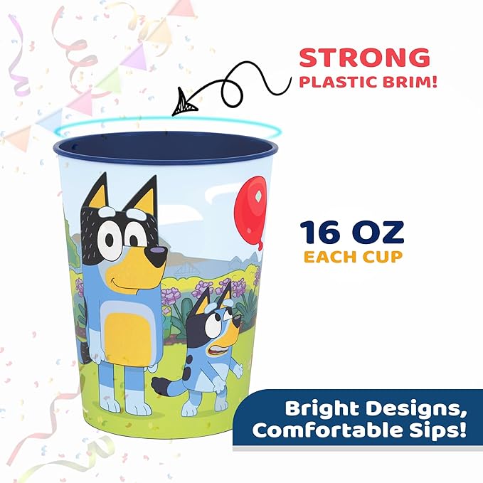 Unique Bluey 12 Pack 16 oz Plastic Reusable Favor Cups – Birthday Party Supplies, Goodie Bag Favors, Kids’ Drinkware & Take-Home Gifts