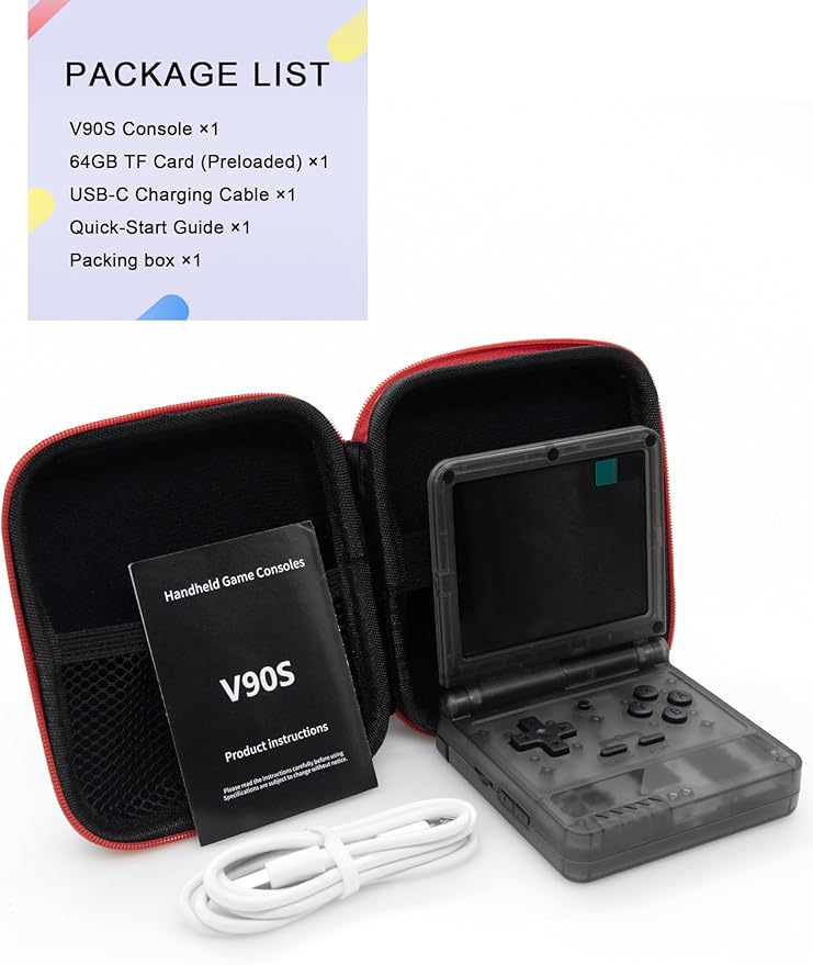 Powkiddy V90S Retro Handheld Console - 10,000+ Preloaded Games, Foldable Clamshell Design, 3.5" IPS Screen, 4-6 Hour Battery, Dual TF Slots (Transparent Black)