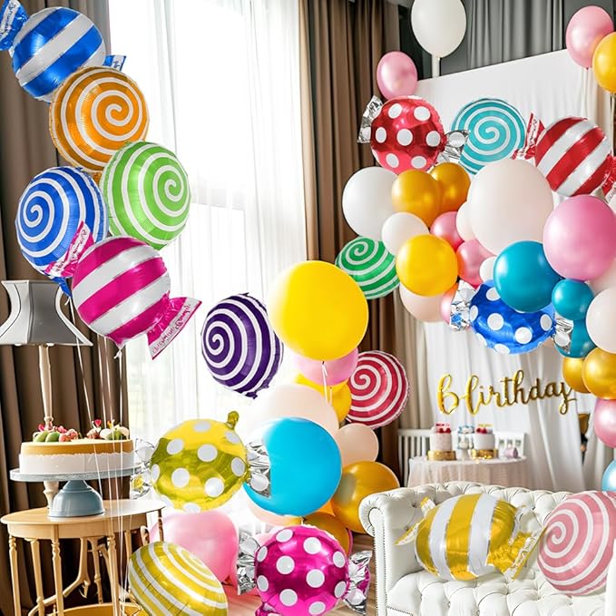 Candies Balloon Candyland Party Decoration For Sweet Shop Birthday Wedding Baby Shower Photo Backdrop, 22 Pack Candy Lollipop Balloons (8 Sweet Candy Balloon +14 Windmill Swirl Round Lollipop Balloon)