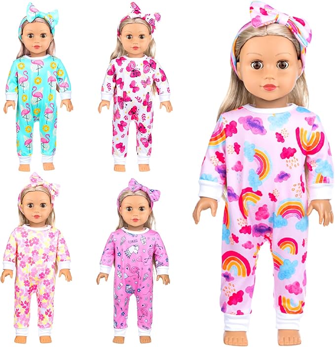 Ecore Fun 5 Sets Baby Doll Outfits & Headbands – 10 pcs for 14"-18" Baby Dolls | Cute Jumpsuit & Hair Accessory Set for Dress-Up Play